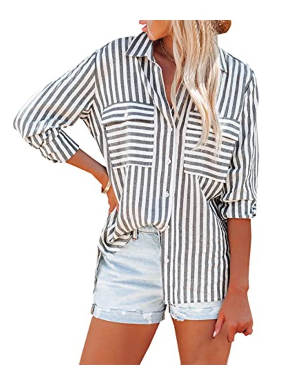 Women's Striped Button Down V Neck Long Sleeve Blouse Top with Pockets